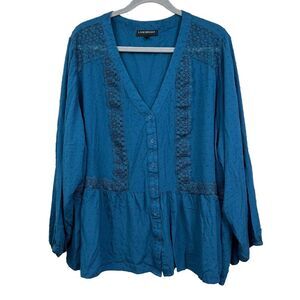 Lane Bryant Pheasant Top Blouse V Neck Lace Detail Ruffled‎ Hem Teal Women Sz 26